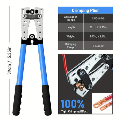 Battery Cable Lug Crimping Tool Set AWG 8-1/0 Ratchet Crimper with Copper Wire Lugs, Heat Shrink Tubing