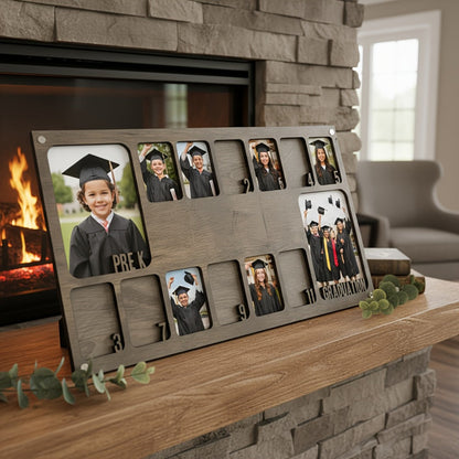 Graduation Photo Frame Vintage Wooden 14-Photo Collage Display Stand Desktop Wall Decor Home Office Grad Gift Grey Beige