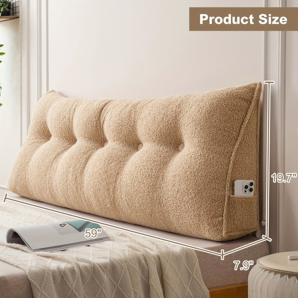Bed Wedge Pillow Headboard Pillow with Side Pockets Removable Cover Teddy Velvet Reading Pillow Twin Queen King