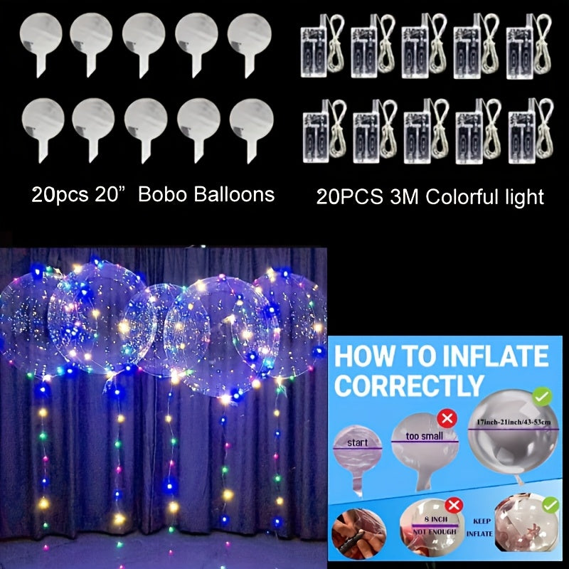 Party Decorations 20-Piece Clear Bobo Balloon Kit with LED String Lights and Six Light Color Options