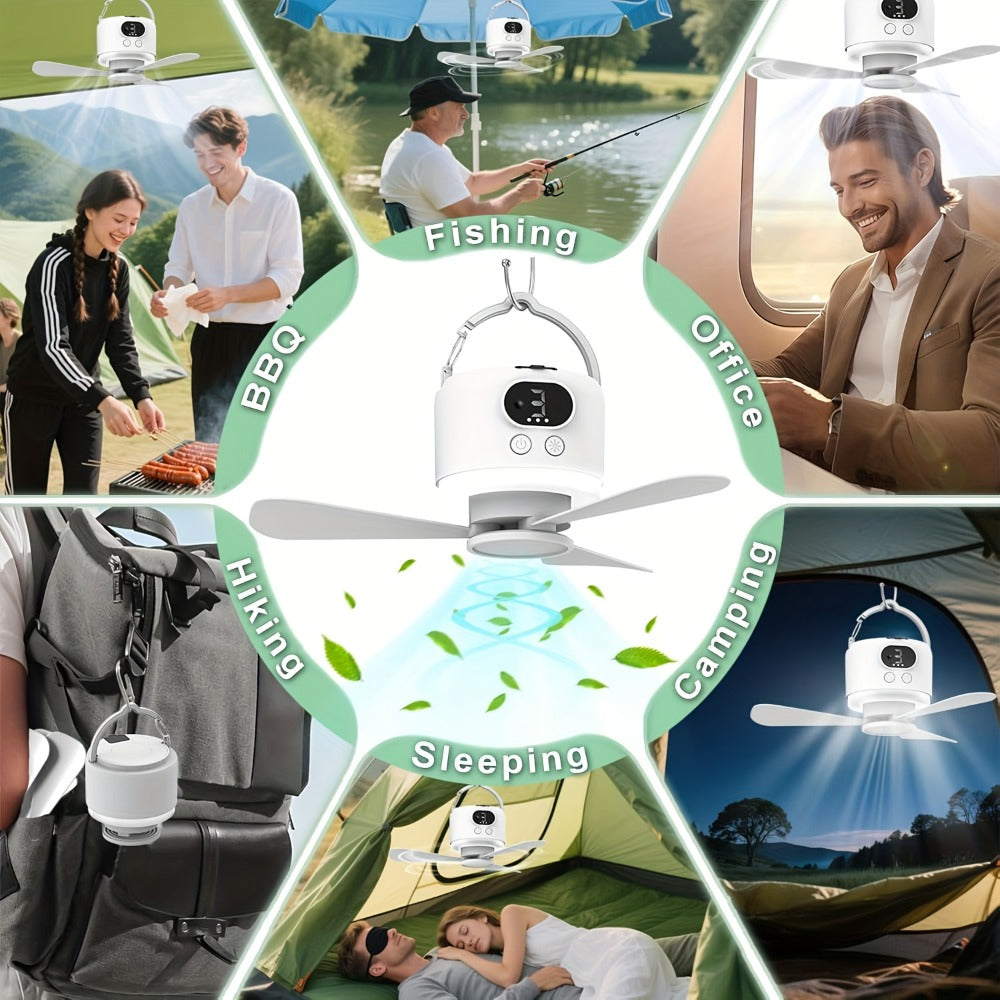 10400mAh Hanging Camping Fan with Remote Control, Three Wind Speeds, LED Light and White or Green Color Options