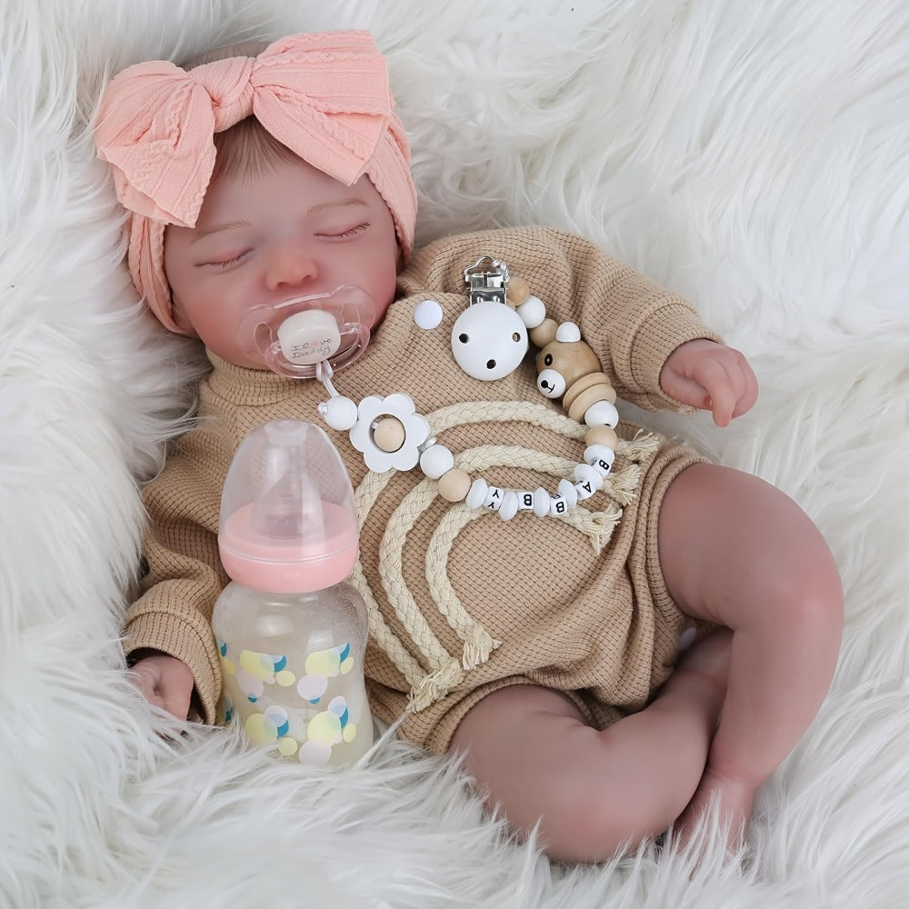 Reborn Baby Doll 20-Inch Sleeping Soft Cloth Body with Striped Outfit, Bow Headband and Feeding Accessories