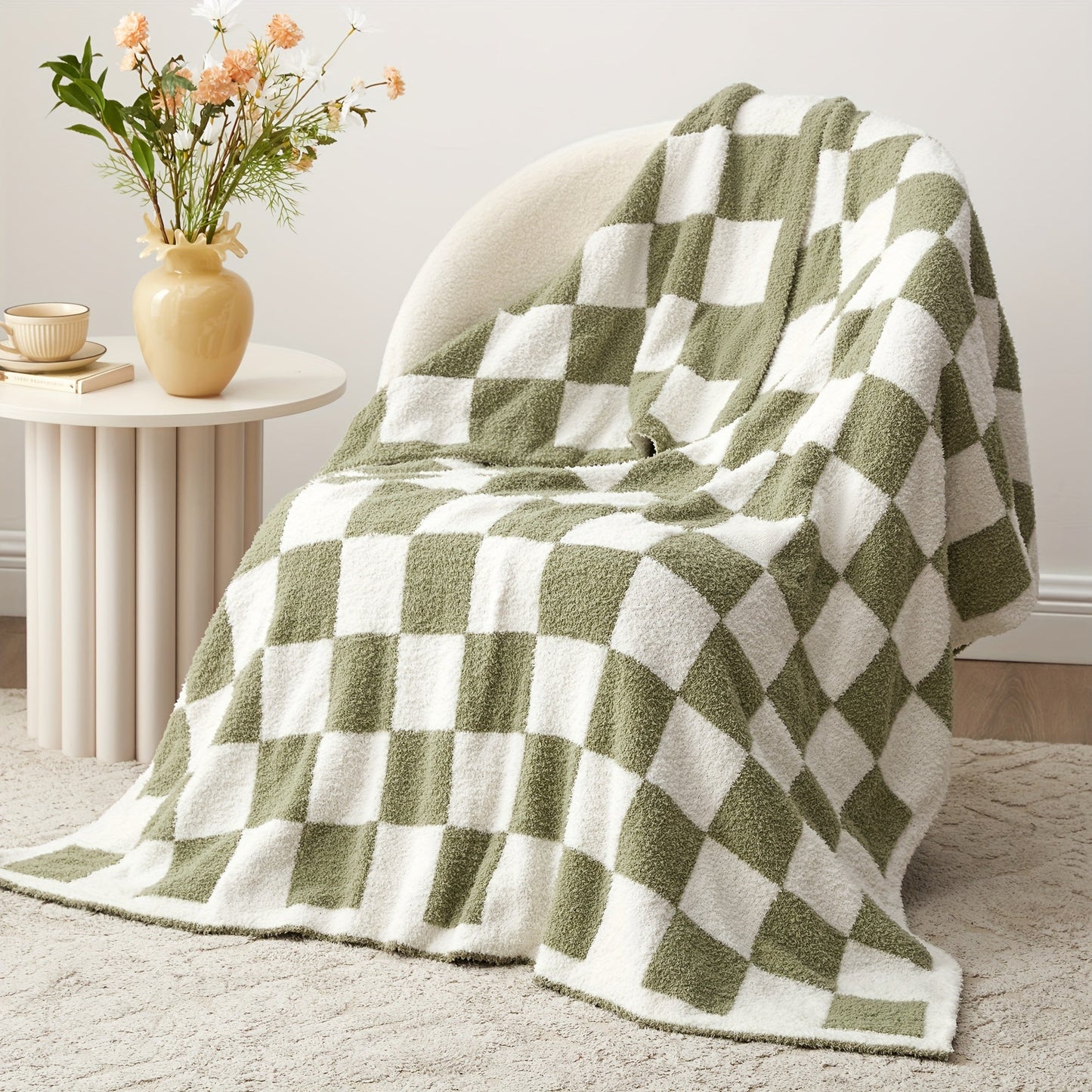 Jacquard Knit Checkered Blanket, Cozy Fluffy Plaid Throw for Couch, Bed & Sofa, All Seasons, 4 Colors