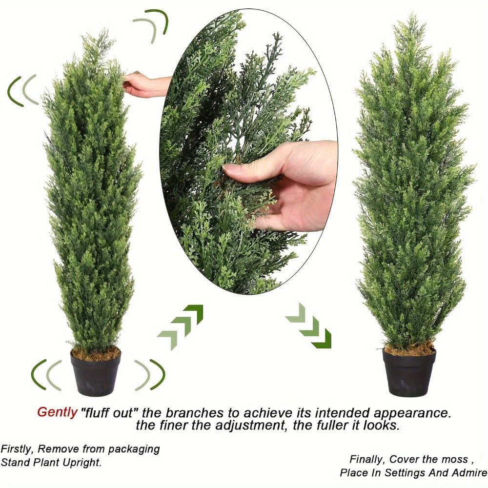 Two-Pack Artificial Cedar Topiary Trees with 4, 5 or 6 ft Height Options and Optional 16-Inch Black Planters
