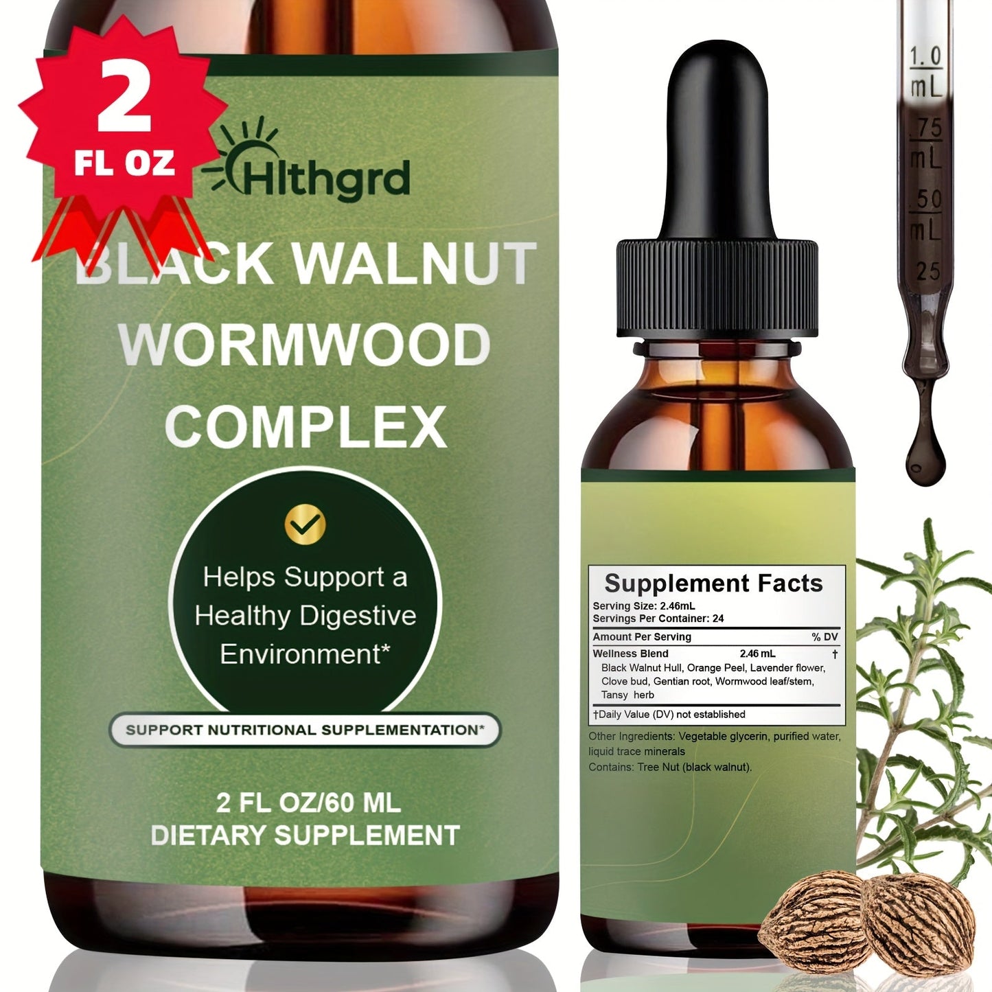 Wormwood Black Walnut Clove Liquid Drops, Herbal Gut Cleanse & Digestive Support Complex with Gentian Root & Tansy