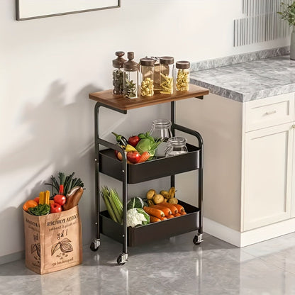 Storage Trolley with Wheels 3-Tier Wooden Tabletop Rolling Cart – Reinforced Black Metal Frame, Locking Casters