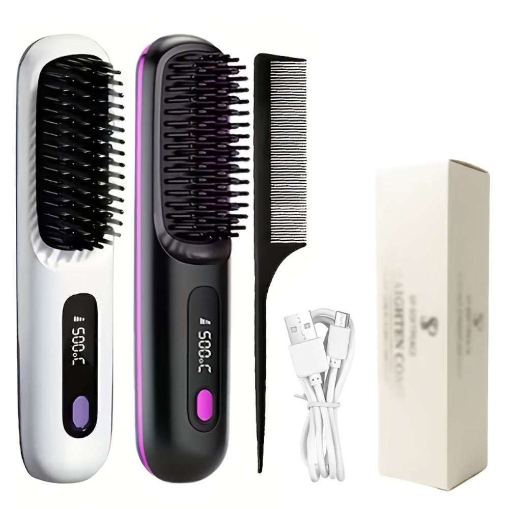 Compact Rechargeable Straightening Brush in Black or White with Display, Comb and USB Cable