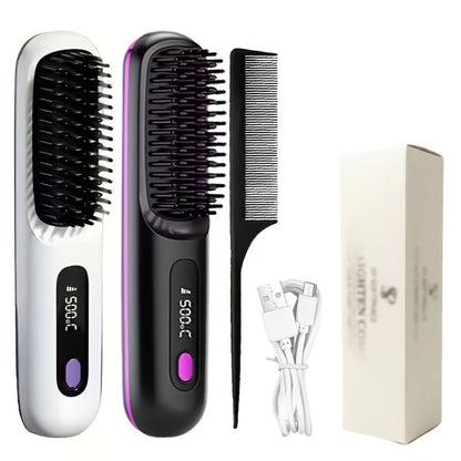 Compact Rechargeable Straightening Brush in Black or White with Display, Comb and USB Cable