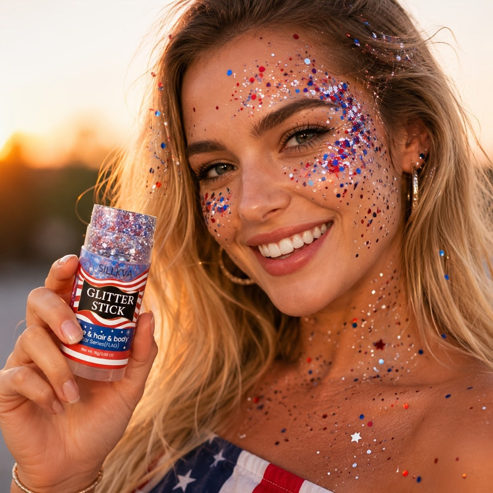 Glitter Makeup Stick Red & Blue Multi-Use Glitter Gel for Face Hair & Body – Patriotic American Flag Theme for July 4th Independence Day