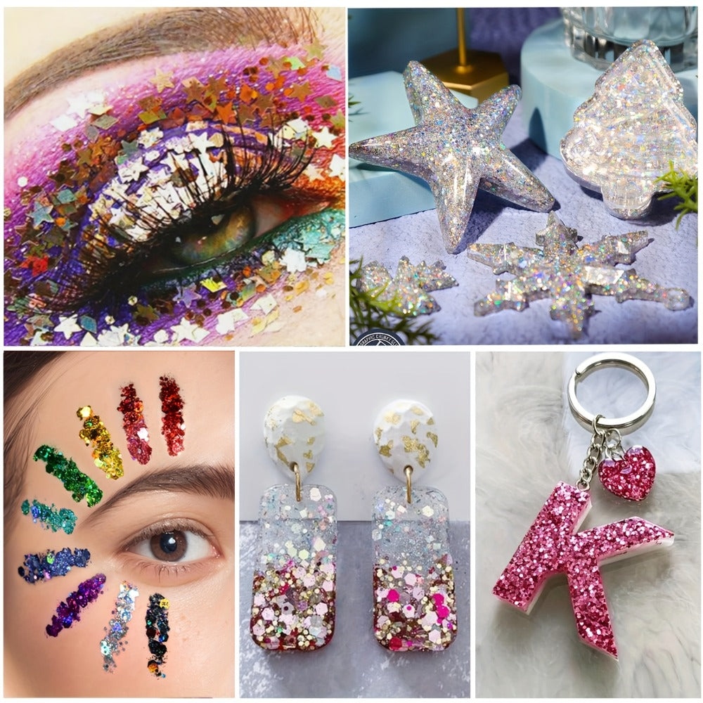 Holographic Chunky Glitter Set 4 Boxes 200g – Laser Diamond Metallic Hexagonal Flakes for Epoxy Resin, Tumblers, Scrapbooking
