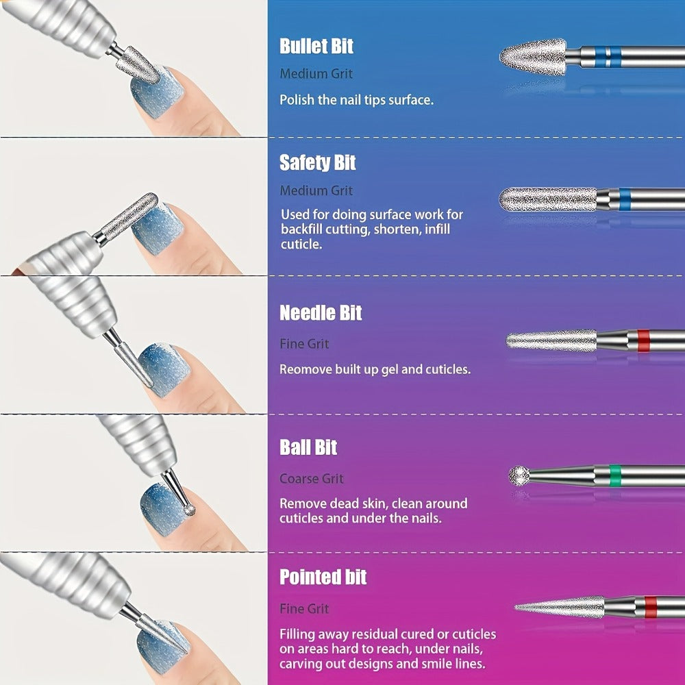 Nail Drill Bit Set Tungsten Steel & Ceramic Grinding Heads with Storage Box for Gel Removal Nail Enhancement