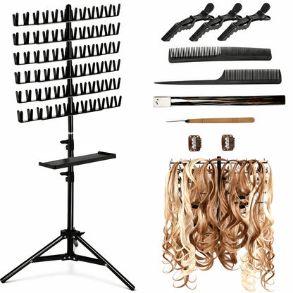 Braiding Hair Rack 144 Pegs Height Adjustable 2-Side Hair Extension Holder Stand with Tray – Foldable Portable Professional Braiding Station