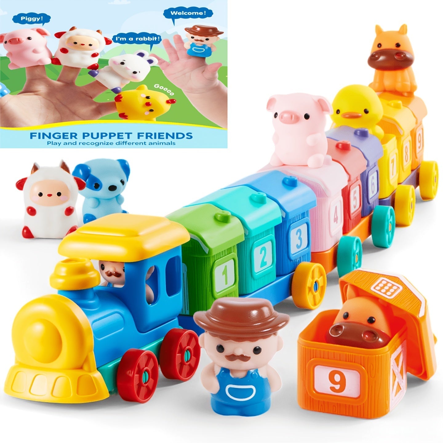 Farm Number Train Learning Toy for Toddlers with 9 Farm Animals & Farmer with the Listed Color, Size or Set Options for Everyday Use
