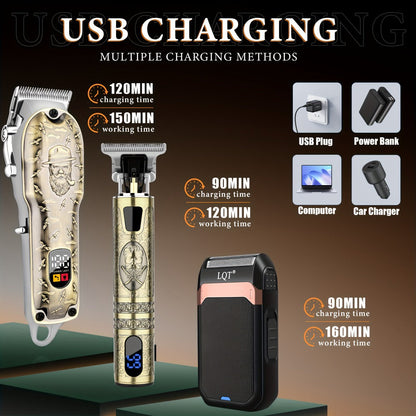 LQT Bronze Hair Clipper Set with Digital Displays, USB Charging and Choice of 2-, 3- or 4-Device Kits
