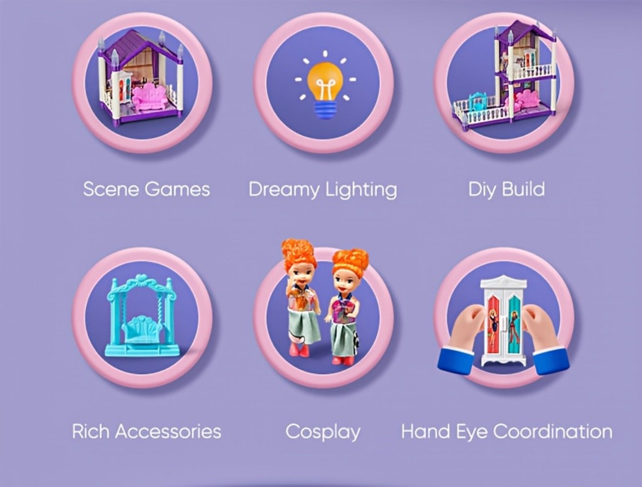 LED Dollhouse Playset for Girls, Purple Multi-Room Playhouse with Doll Figures, Puppies, Furniture & LED Lighting
