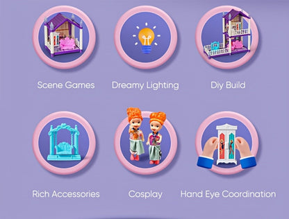 LED Dollhouse Playset for Girls, Purple Multi-Room Playhouse with Doll Figures, Puppies, Furniture & LED Lighting