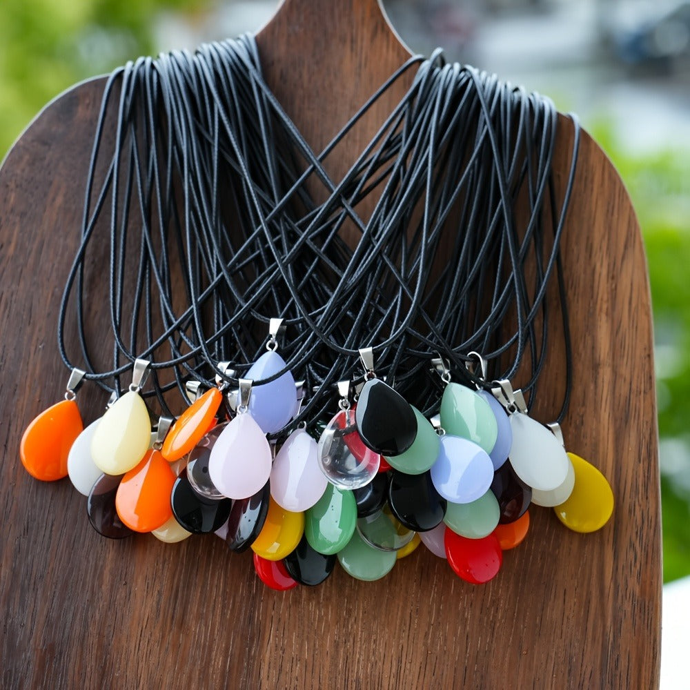 Crystal Pendant Necklace Set 40-Pack – Multicolor Water Droplet Artificial Crystal Pendants with Faux Leather Cord