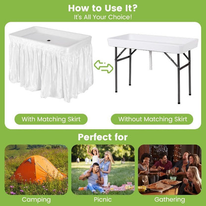 Ice Table Folding 4 ft Portable Cooler Table with Drain & Removable Skirt, Fill and Chill Party Beverage Station for BBQ