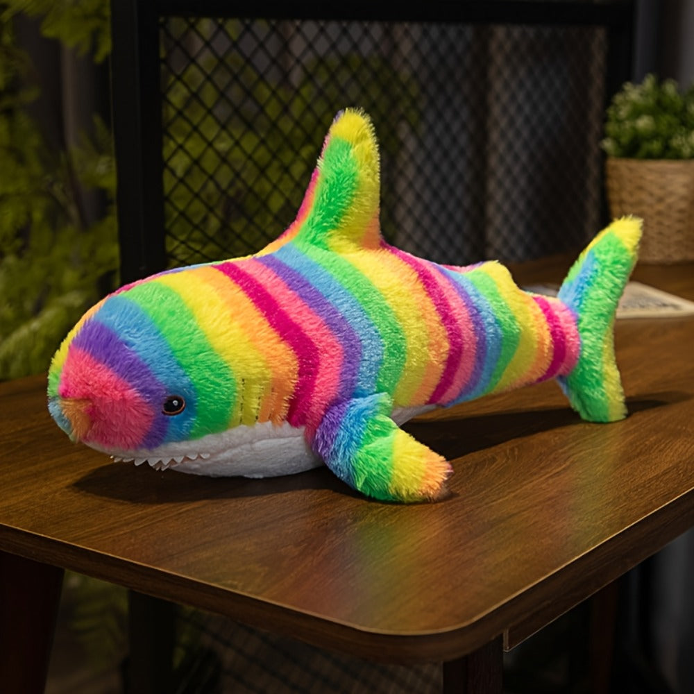 Stuffed Animal Rainbow Shark with Long Pillow Shape, Mixed Colors and Soft Plush Fabric for Room Decor