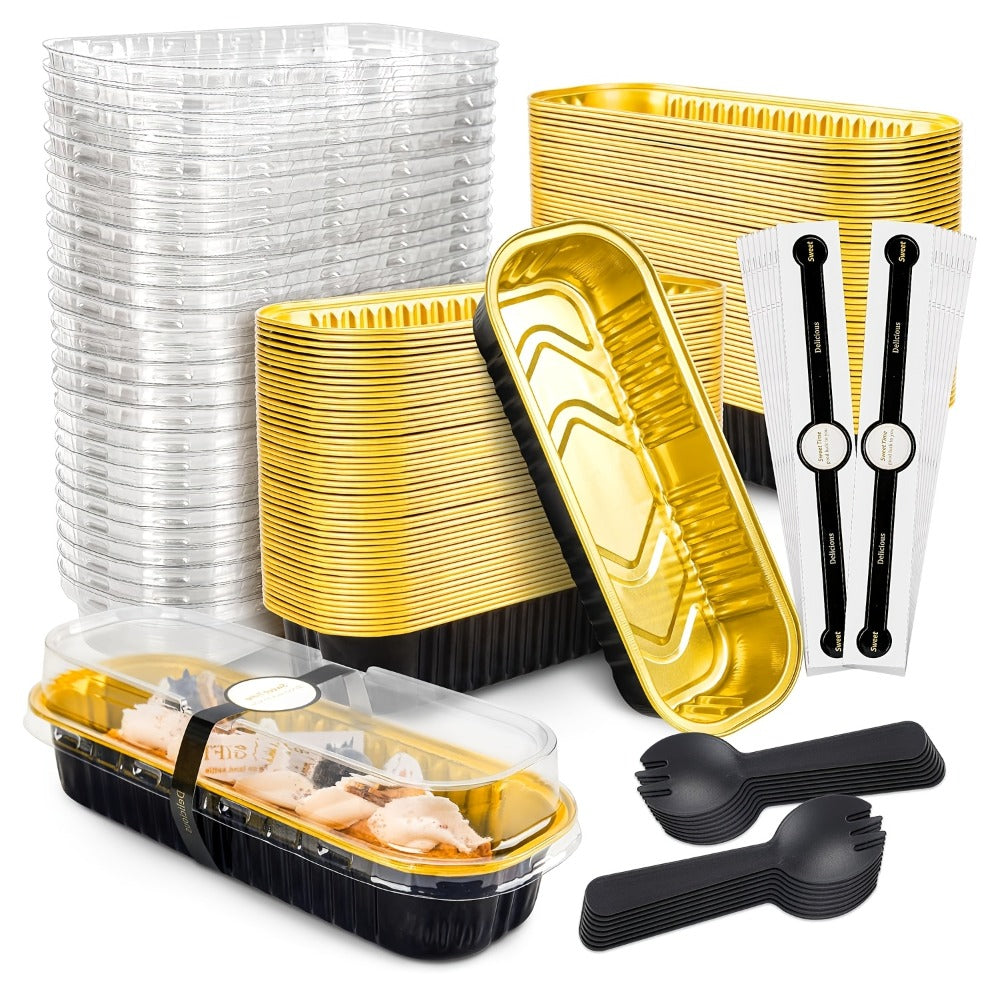 Mini Cake Pans 100 Pack with Lids and Spoons Aluminum Foil Rectangular Disposable Baking Pans for Entryways, Bedrooms and Living Spaces