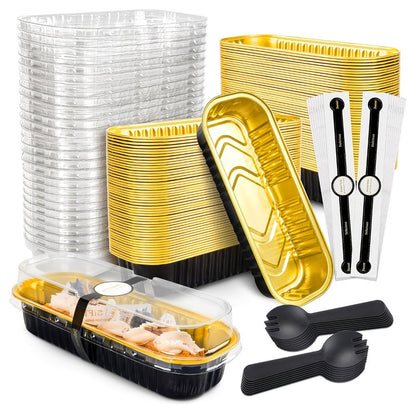 Mini Cake Pans 100 Pack with Lids and Spoons Aluminum Foil Rectangular Disposable Baking Pans for Entryways, Bedrooms and Living Spaces