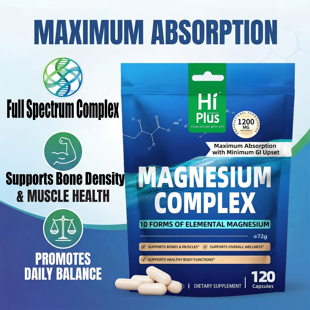Magnesium Glycinate Complex 1200mg 10-in-1 Full Spectrum Vegan Capsules for Deep Sleep Calm Anxiety Heart Bone & Nerve Health