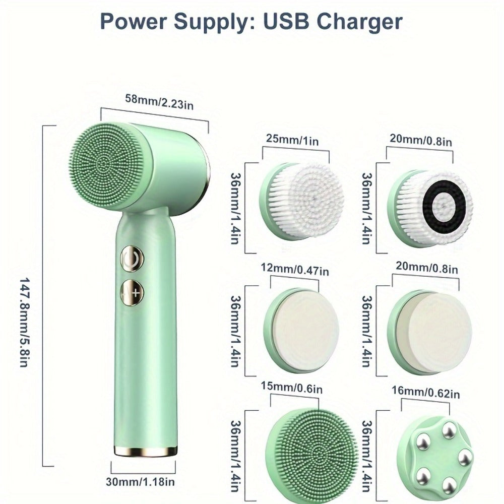 EMS Microcurrent Face Massager Device V-Face Lifting Double Chin Reducer Neck Rejuvenation 6-in-1 Brush Heads for Home or Salon Spa Use
