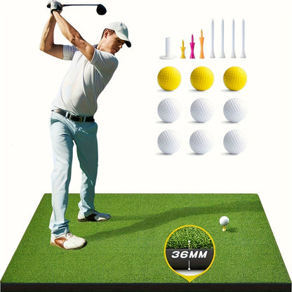 Golf Hitting Mat with Artificial Turf & Non-Slip EVA Base, Indoor Outdoor Golf Practice Mat Set with 9 Golf Balls 8 Tees & Rubber Tee