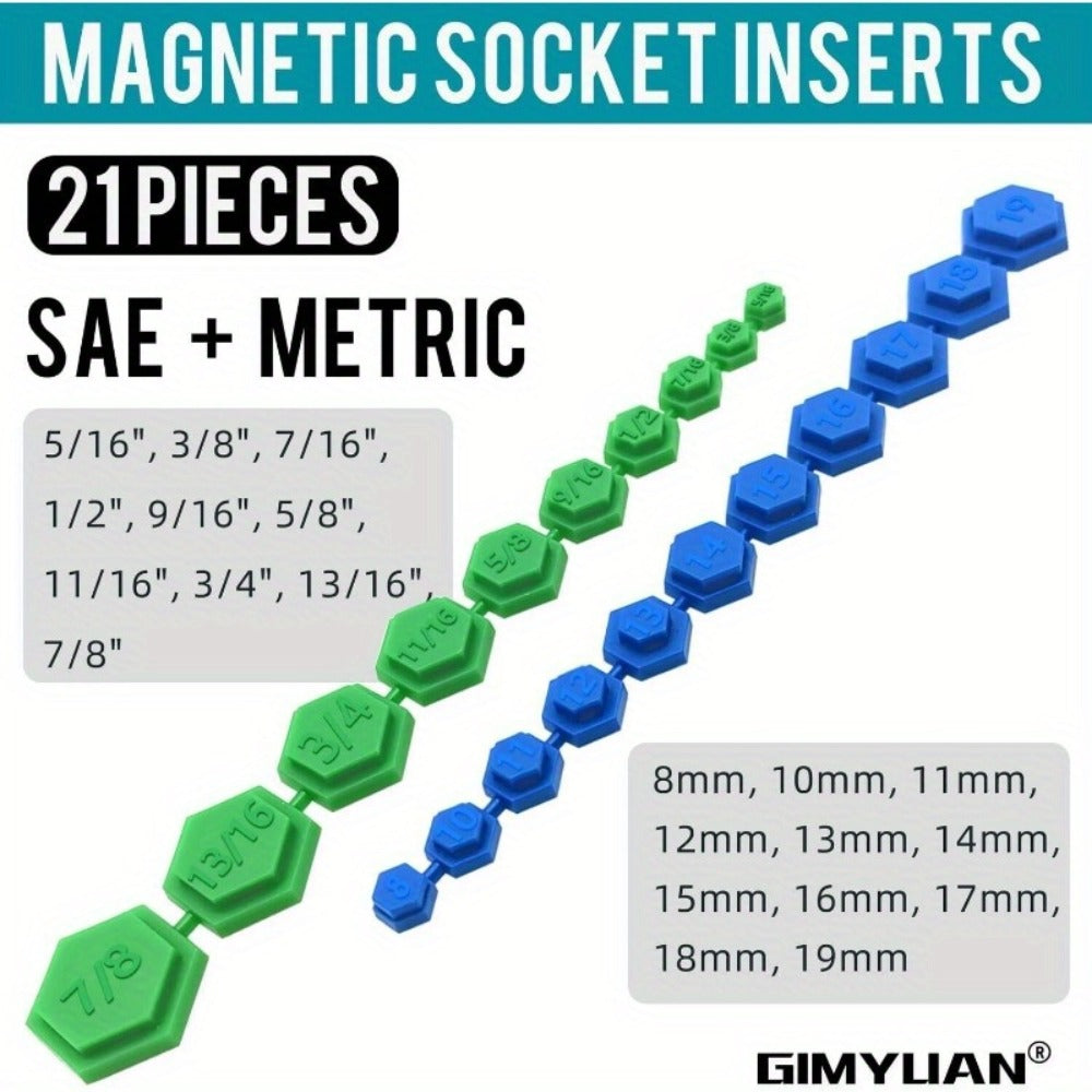 Magnetic Socket Set 21pc – SAE & Metric, 5/16"-7/8" & 8mm-19mm, Color-Coded Hex Profile, Magnetic Tip for Car Repair