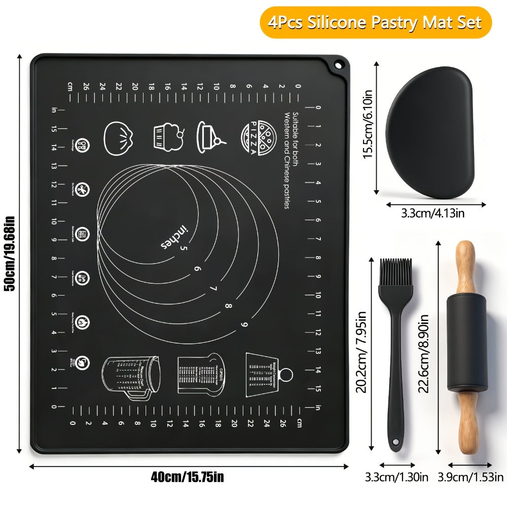 Silicone Baking Mat Set 4pcs, Extra Thick Non-Stick Pastry Mat with Measurement Scales, Non-Slip Dough Kneading Mat, Includes Rolling Pin