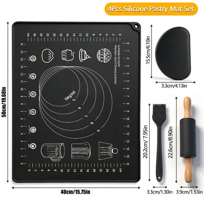 Silicone Baking Mat Set 4pcs, Extra Thick Non-Stick Pastry Mat with Measurement Scales, Non-Slip Dough Kneading Mat, Includes Rolling Pin
