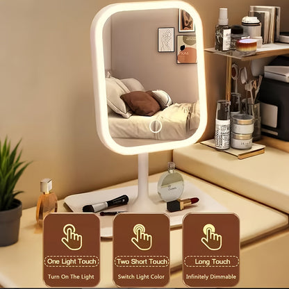 LED Makeup Mirror with Lights Rechargeable, Foldable Lighted Vanity Mirror 3 Color Modes Touch Dimming Portable Stand