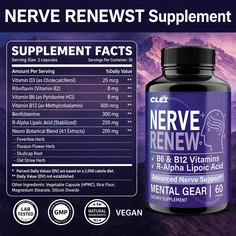 Nerve Renew Capsules with Vitamin B Complex & R-Alpha Lipoic Acid, Neuro Botanical Antioxidant Blend for Nerve Health