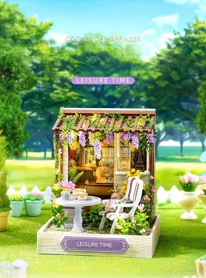 DIY Wooden Tiny House Kit with Dust Cover, Handmade Miniature Dollhouse Puzzle, 3 Themes Afternoon Tea Rotating Food House Moon Magic