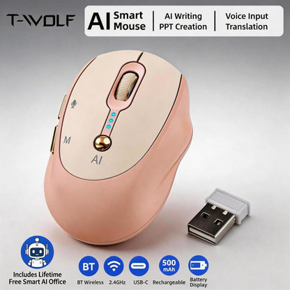 AI Smart Wireless Mouse with Voice-to-Text Real-Time Translation AI Writing PPT Creation Silent BT+2.4G Dual Mode Rechargeable Battery