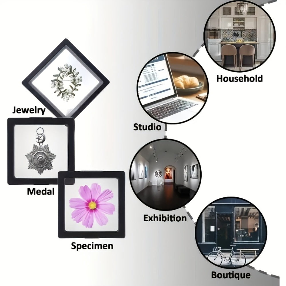 3D Floating Jewelry Display Box Set with Black Frames, Clear Flexible Panels and 30- or 60-Piece Options