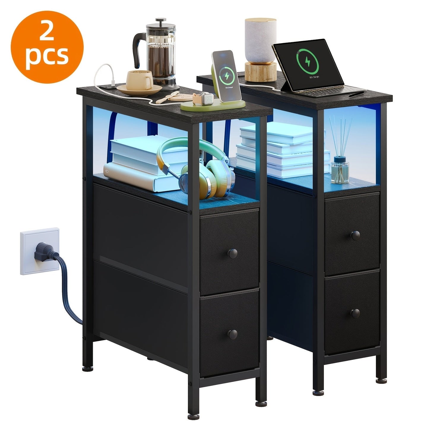 Nightstand Slim One or Two Fabric Drawers with Charging Station, LED Light and Single or Two-Pack Choice