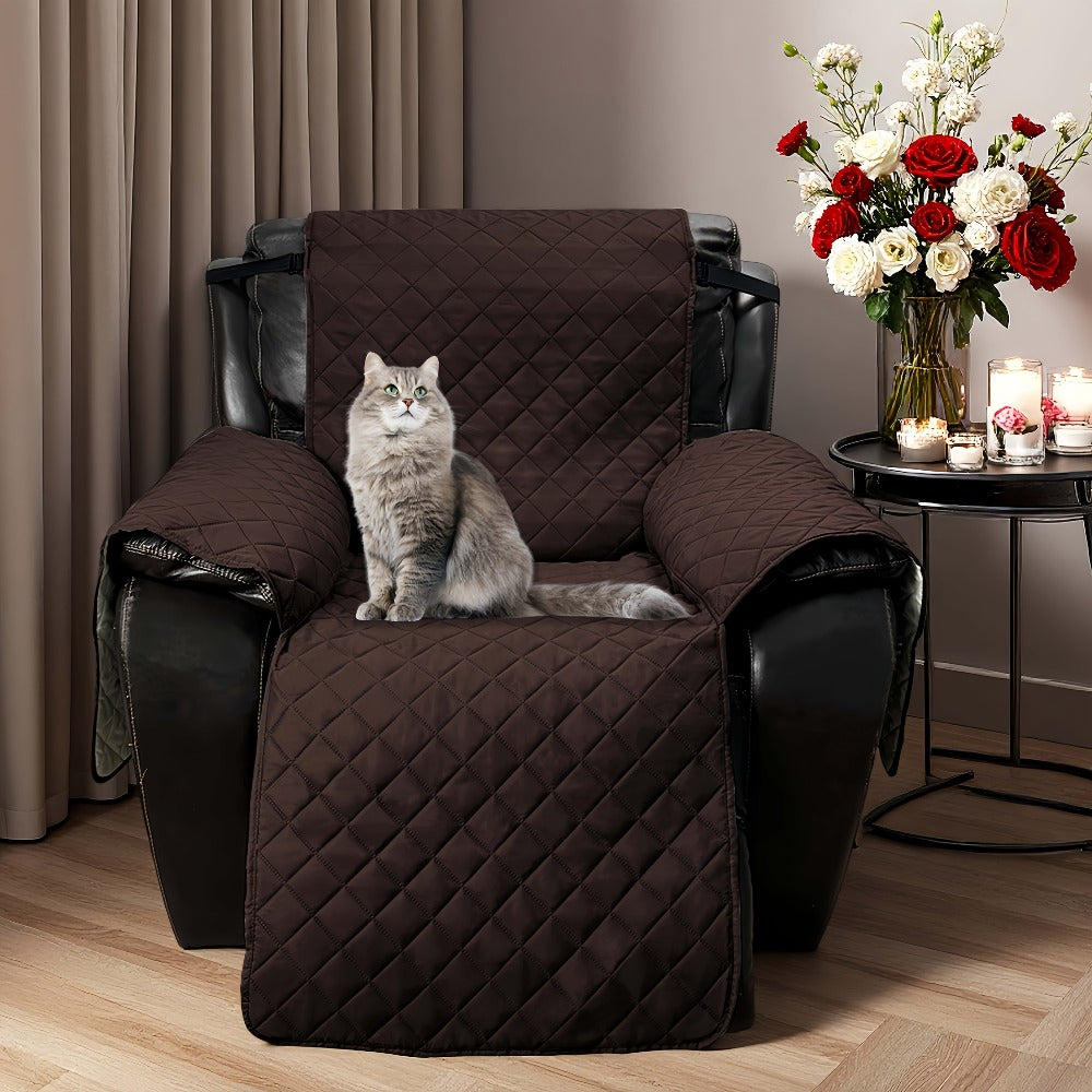 One-Piece Quilted Recliner Chair Cover with Wide Arm Wings, Back Strap and Eight Color Options
