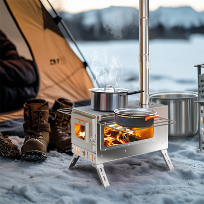 Wood Burning Stove Portable Camping Tent Stove with 7 Detachable Chimney Pipes, Stainless Steel, Adjustable Height