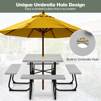Outdoor Picnic Table 8-Person, Square HDPE Table with 4 Built-in Benches, Umbrella Hole, Metal Frame