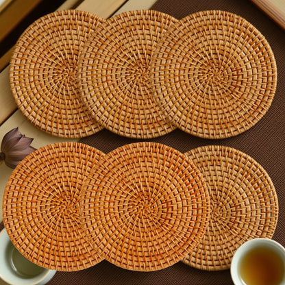 Rattan Woven Coasters Set of 6 Handcrafted Heat-Resistant Non-Slip Drink Mats Boho Table Decor for Kitchen Dining Room Coffee Table Tabletop