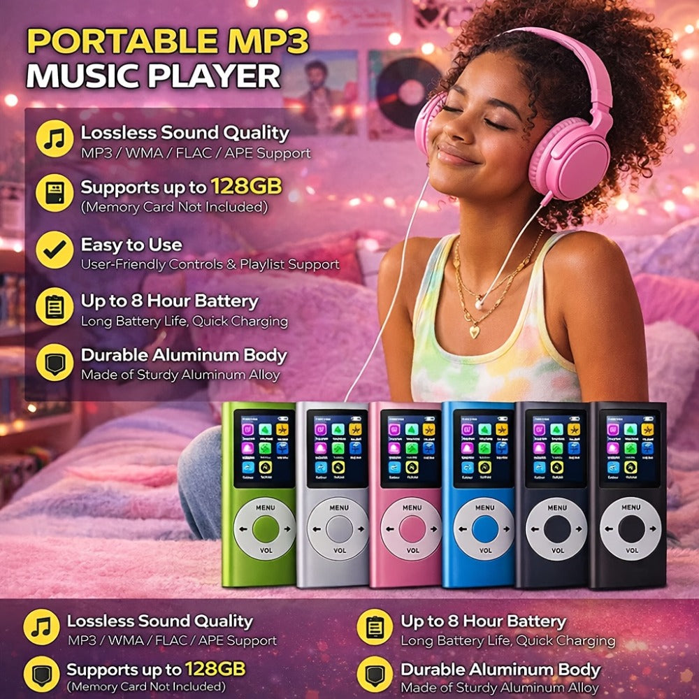 Portable MP3 and MP4 Player with 128GB Card Support, 1.8-Inch Screen and Five Color Options