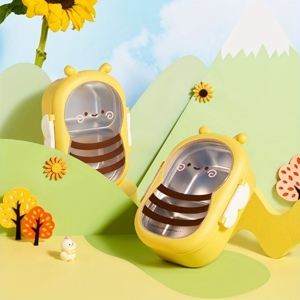 Cute Bee Lunch Box Stainless Steel, 304 Food Grade 2-Compartment Bento Box with Bee-Themed Lid for Kids