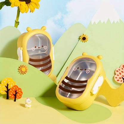 Cute Bee Lunch Box Stainless Steel, 304 Food Grade 2-Compartment Bento Box with Bee-Themed Lid for Kids