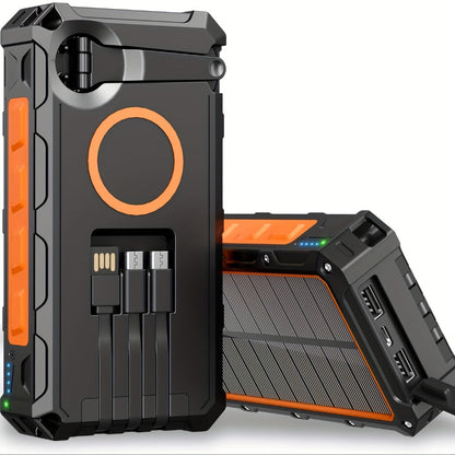 Solar Power Bank, 30000mAh Hand-Crank and Solar Charger with Wireless Pad, Three Built-In Cables and Seven Outputs
