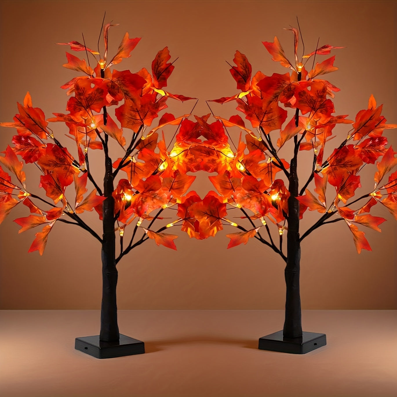 Two-Piece LED Maple Leaf Tree Light Set with 24 Warm Lights, Red Autumn Leaves and Black Branches
