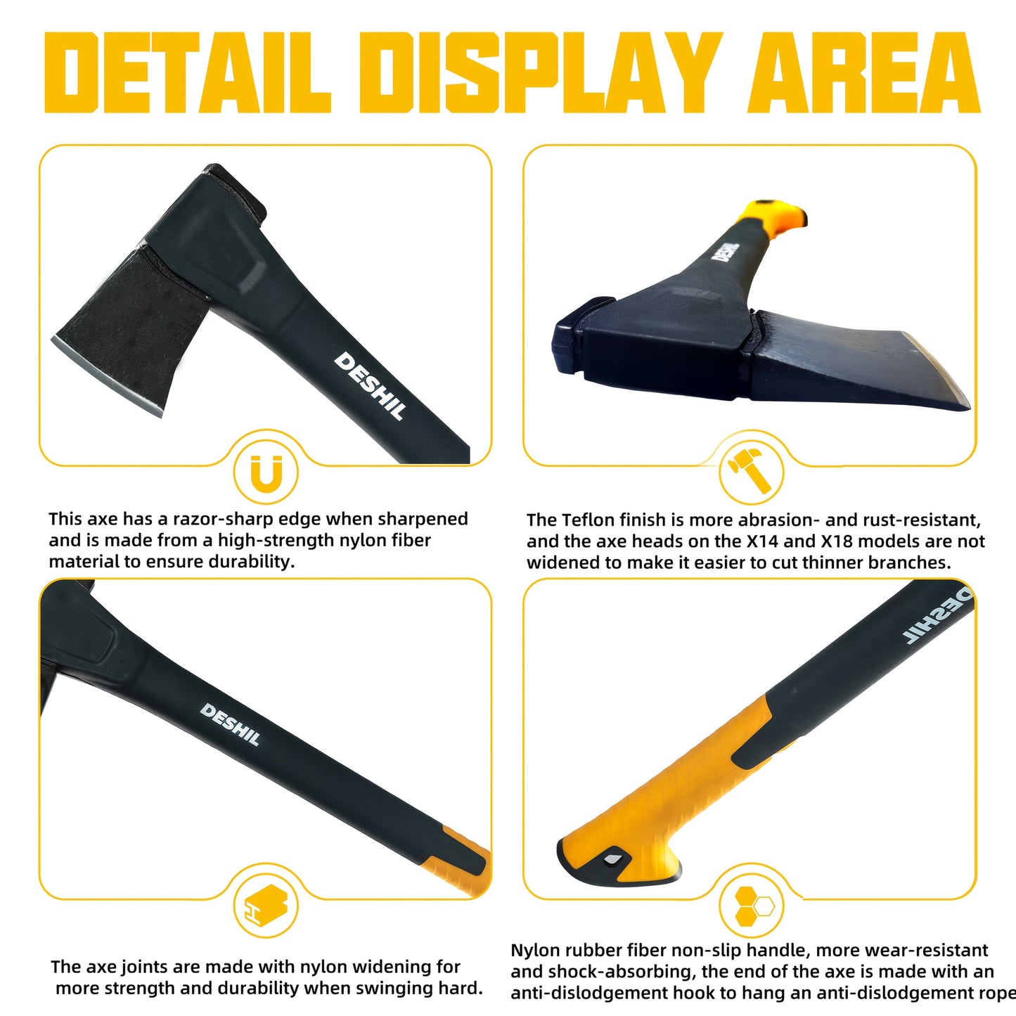 Carbon Steel Camping Hatchet Wood Splitting Axe – Teflon-Coated Forged Steel Blade, Shock-Absorbing Fiber Handle, Anti-Rust & Non-Slip