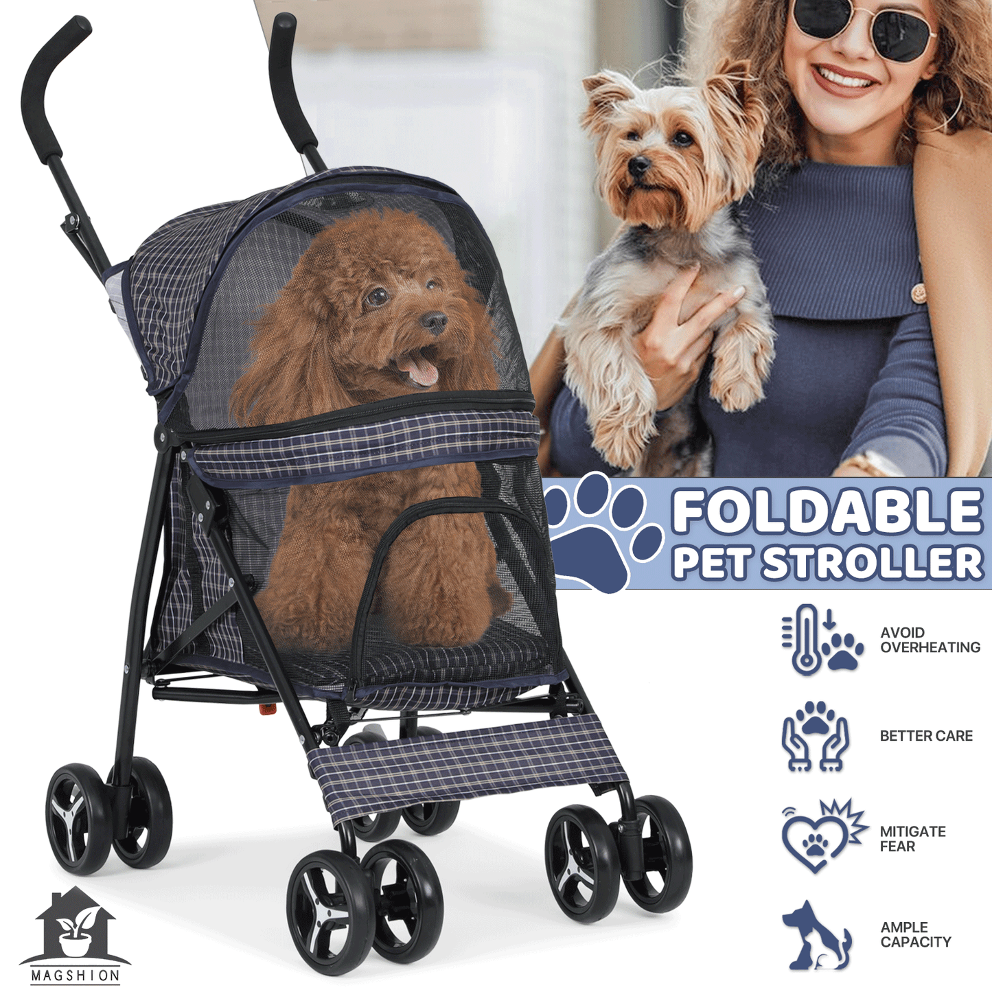 Pet Dog Cat Stroller with 4 Wheels – Foldable Jogger Pet Stroller for Small Medium Dogs & Cats up to 33 lbs, Breathable Mesh Windows