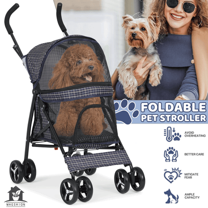Four-Wheel Pet Stroller with Mesh Cabin, Folding Frame, Lower Basket and Ten Color or Print Options