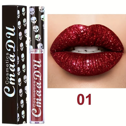 Glitter Lip Gloss Set 3pcs Skull Design Shimmer Liquid Lipstick Long Lasting Easy Remove Bold Shiny Lip Color for Music Festival Rave Party